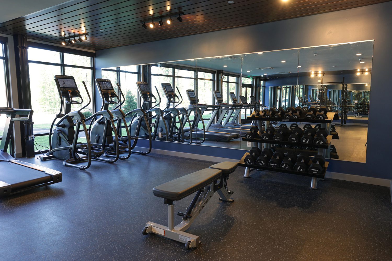 Gym room with elliptical machines, treadmills, dumbbell rack, bench, large windows, and mirrors.